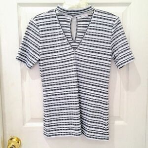 1. State T-Shirt Striped Mixed Neckline Keyhole Back Button Claps Ribbed Cute XS